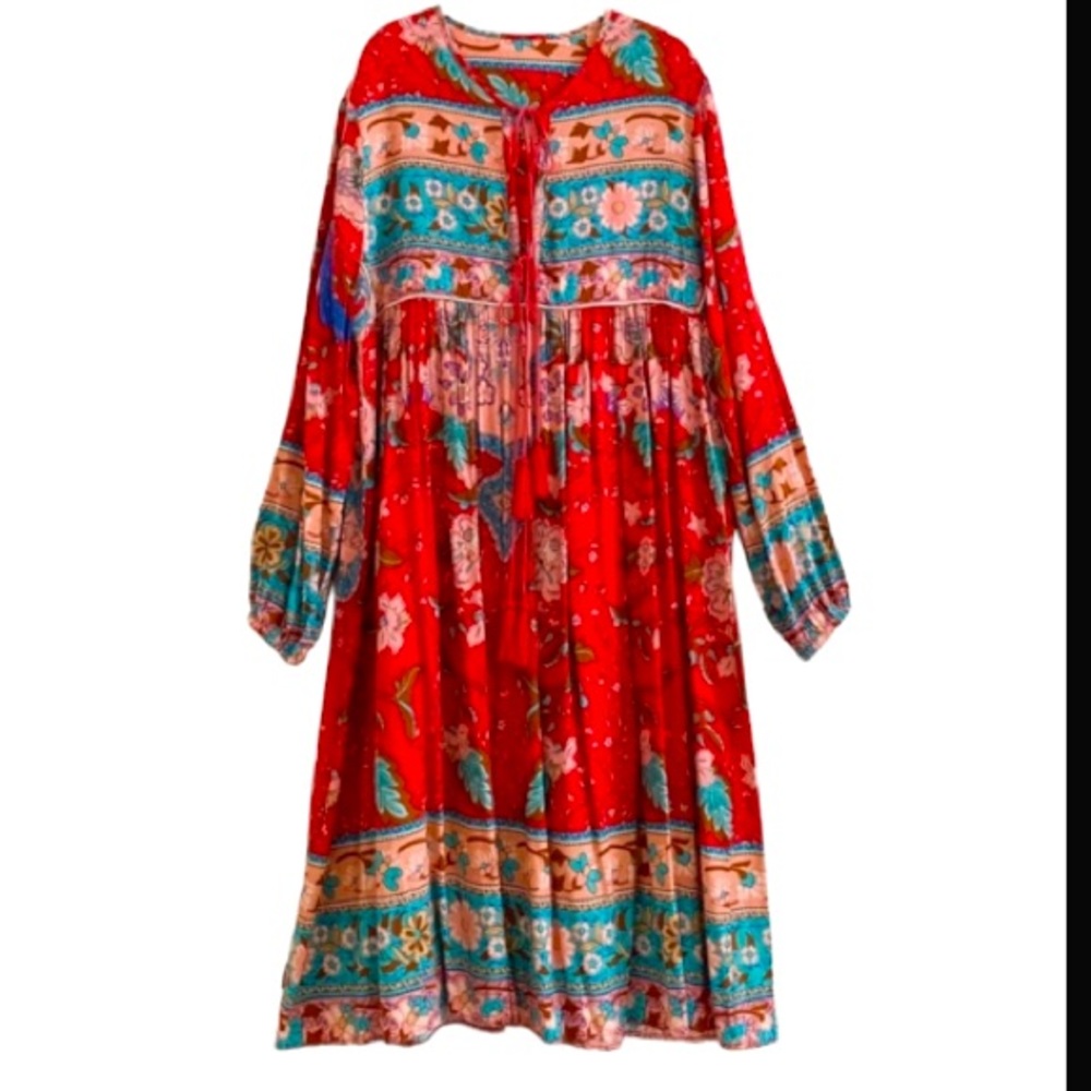 Boho midi long sleeves red floral Dress
